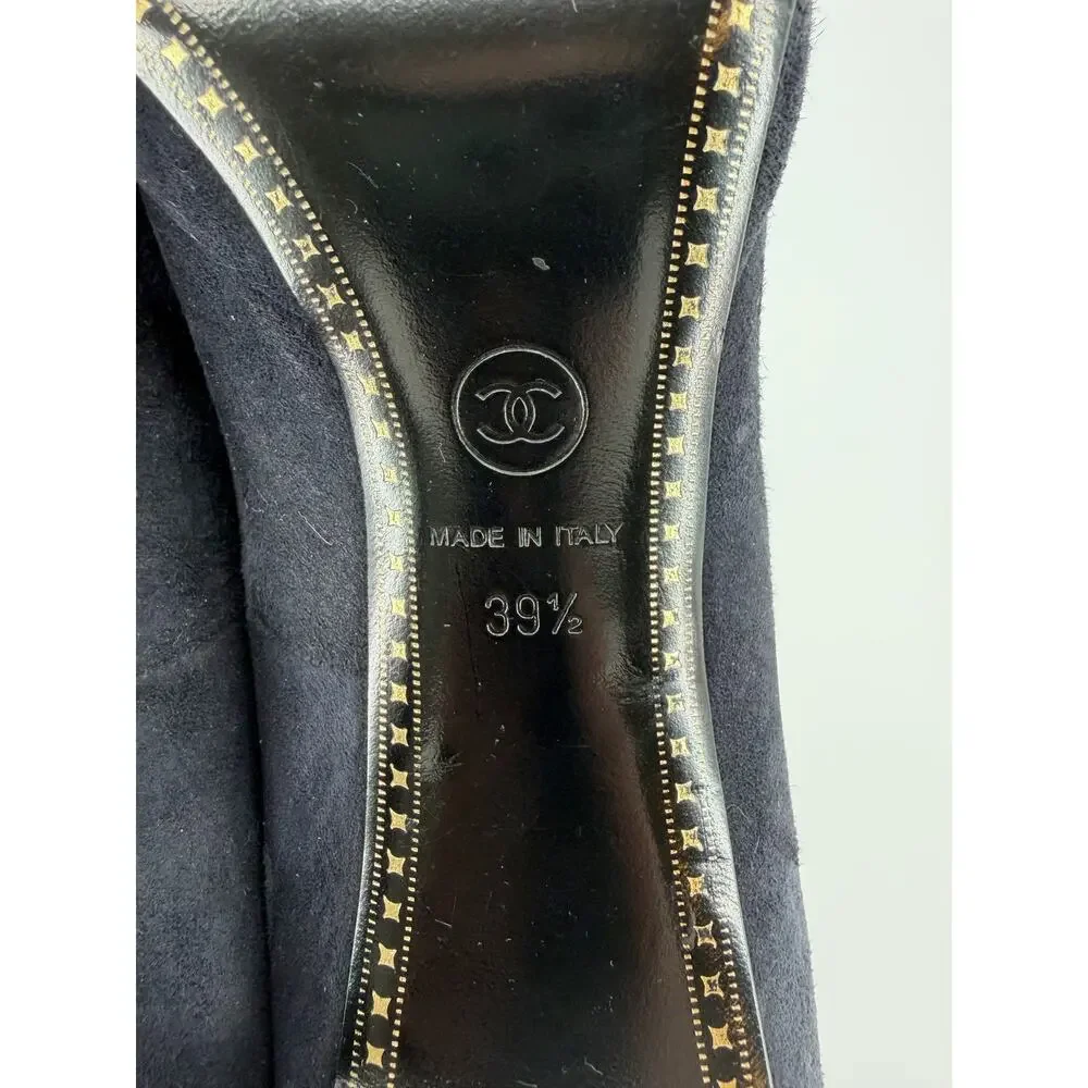 Chanel Black Suede Patent Cap Toe Platform Pumps CC Logo Heel Shoes 39.5 US 9